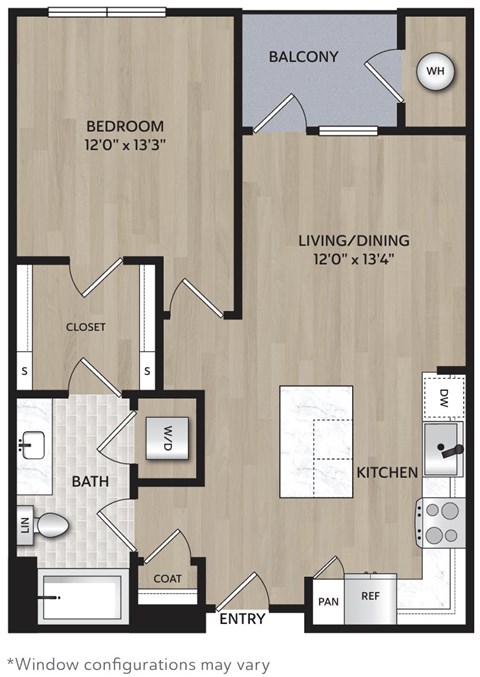 A floor plan of an apartment with a bedroom, living/dining area, kitchen, bathroom, closet, and coat space.